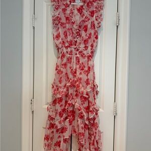 Misa Los Angeles Pink and Red Floral Ruffled Midi Dress